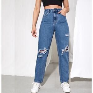 SHEIN High Rise Straight Leg Mom Jeans Ripped Size 28